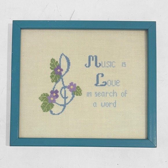 Vintage Other - Vintage Finished Cross Stitch Music is Love Blue Framed 9"x8"